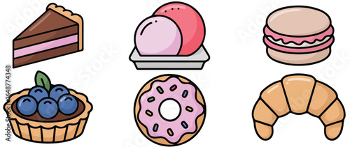 Illustration of a chocolate pie slice, macarons, croissant, and other sweet desserts on white background