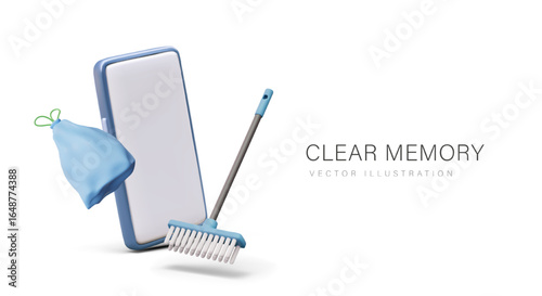 Memory cleaning concept. Freeing up space for information on gadget. Vector composition in 3D cartoon style. Smartphone with empty screen, place for text, logo, brush, trash bag