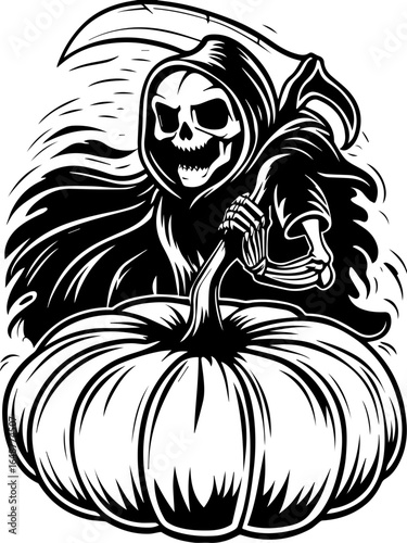 SVG of a Halloween-themed Grim Reaper wearing a hooded cloak. Grim Reaper with Pumpkin Design for Halloween Illustration