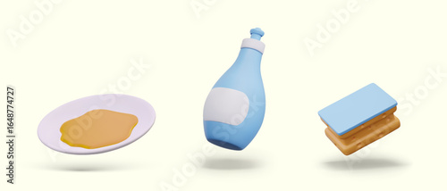 Realistic dirty plate, kitchen sponge, plastic bottle with empty label. Set of isolated templates, icons for cleaning business. Tools and detergents for washing dishes