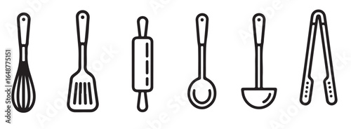 A collection of kitchen utensils including a whisk spatula rolling pin ladle and tongs in line art style