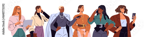 Banner with group of businesswomen. Portraits of happy business women. Employees, office workers in formal clothes call by phone, work at laptop. Flat isolated vector illustration on white background.