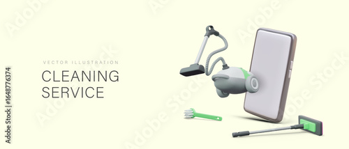 Advertising cleaning service. Order service online. Realistic vacuum cleaner, brush, mop, smartphone with blank screen. Mockup for agency, company, business application