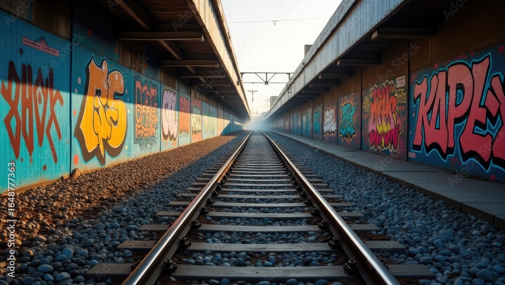 Naklejka premium Graffiti-covered walls flank a railway track.