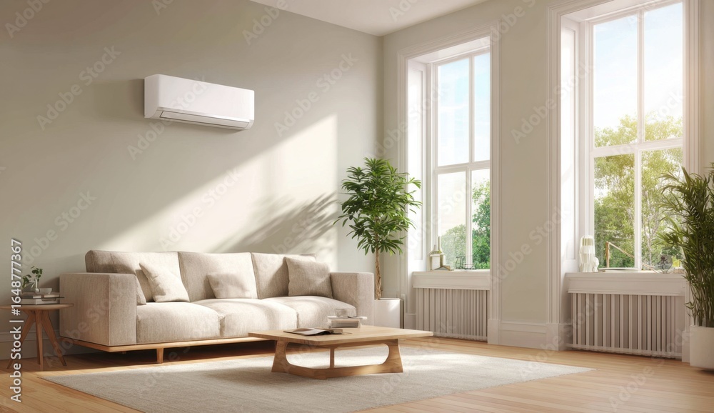 Fototapeta premium Bright and airy living room with large , modern sofa, potted plant, and minimalist decor