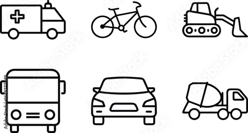 Collection of Minimal Line Icons Representing Various Vehicles Including Cars, Trucks, Buses, Motorcycles, Bicycles, Construction Equipment, and Emergency Vehicles