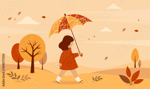 Autumn Child Girl walking with umbrella in fall park. Autumnal landscape with falling leaves, colorful trees. Horizontal background banner. Vector illustration. Not AI
