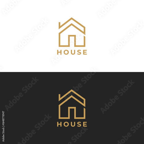 House Logo. Gold House Symbol Geometric Linear Style isolated on Double Background. Usable for Real Estate, Construction, Architecture and Building Logos. Flat Vector Logo Design Template Element.