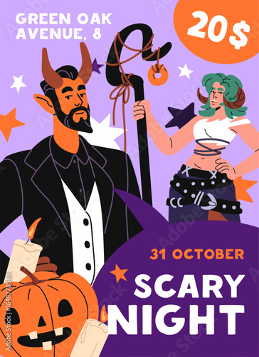 Night Halloween party event poster. Design of Helloween carnival flyer. Advertising template of scary costume contest on October 31. Promotion of festive spooky masquerade. Flat vector illustration.