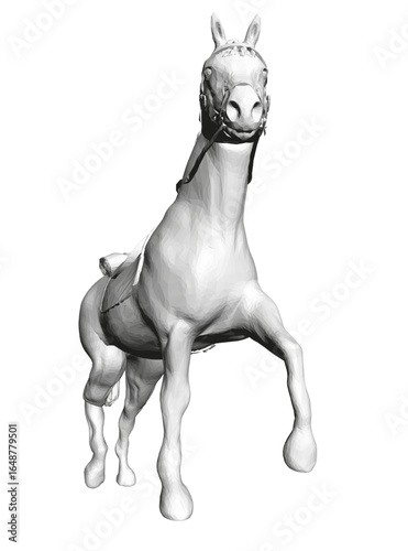 Polygonal horse illustration in black and white features a detailed bridle and geometric design elements. The clean white background highlights the striking angular contours.