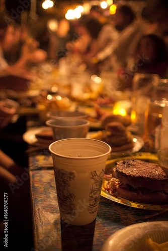 Group of people gathered around a long table filled with food and drinks.