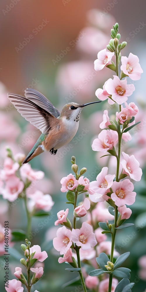 Fototapeta premium Hummingbird Hovers Near Delicate Pink Flowers Beautiful Bird Discovers Sweet Nectar Blooms