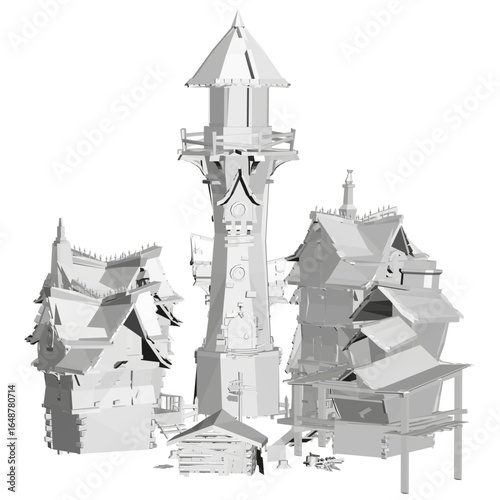 A polygonal paper tower with a clock stands elegantly against a white background, featuring intricate details and a village-inspired design. The black and white drawing showcases precise geometric.
