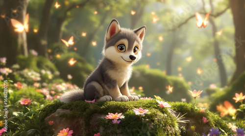 Adorable Cartoon Wolf Pup Sitting in Enchanted Forest with Glowing Butterflies and Wildflowers, Whimsical Digital Art