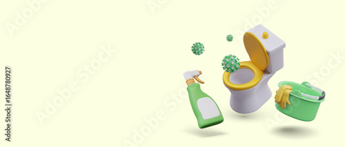 Toilet disinfection concept. 3D toilet with open lid, viruses, spray with blank label, bucket with rubber gloves. Hygiene, sanitary measures, destruction of bacteria in loo