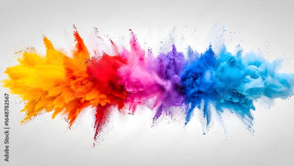 Fototapeta premium Rainbow dust powder explosion white background, isolated background. Dynamic blast eruption, vibrant colorful effect, lgbt, party, celebration, festival, color run element