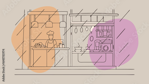 A minimalist illustration of a chef in a vibrant kitchen, preparing dishes in a cozy setting, with raindrops adorning the window.