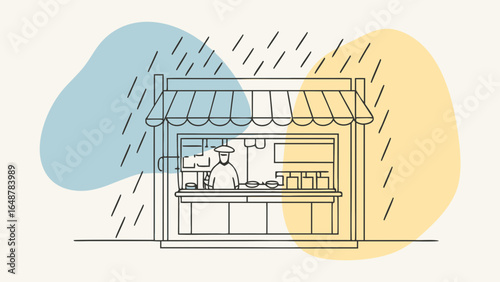 A food vendor stands under a striped awning, serving customers despite the rain, creating a cozy atmosphere.