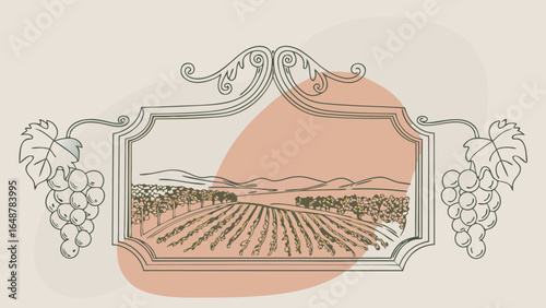 Elegant line art of a vineyard landscape with grapes, showcasing rolling hills and lush greenery.