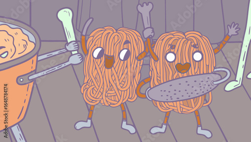 Playful animated spaghetti characters celebrating in a whimsical kitchen setting.