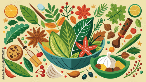An artistic arrangement of vibrant herbs, spices, and vegetables in a decorative bowl, emphasizing natural freshness and culinary art.