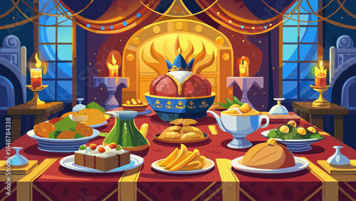 A vibrant feast displayed on a royal banquet table, adorned with candles and intricate decor, creating a warm and inviting atmosphere.