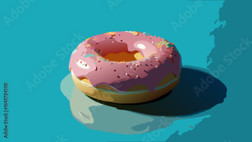 A colorful pink frosted donut with sprinkles, sitting against a vibrant blue background, exuding a playful vibe.