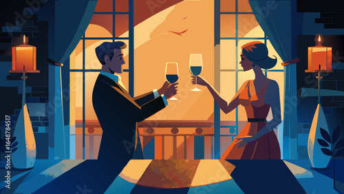 A couple toasting with glasses in an elegant evening setting, featuring a warm sunset backdrop.
