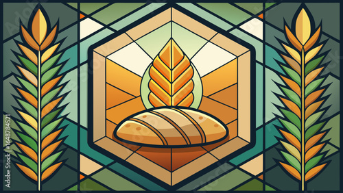 Stained glass illustration featuring a loaf of bread surrounded by wheat, symbolizing nourishment and abundance.