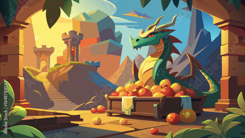 A vibrant fantasy scene featuring a green dragon hoarding treasures in a mystical setting.