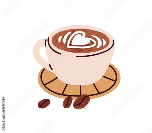 Coffee cup. Cappuccino in ceramic mug with milk foam and heart, latte art, beans. Hot brewed beverage on saucer, morning drink from cafe. Flat vector illustration isolated on white background