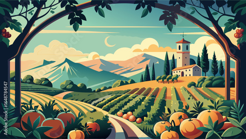A picturesque landscape featuring rolling vineyards, majestic mountains, and a charming vineyard house surrounded by orange trees.