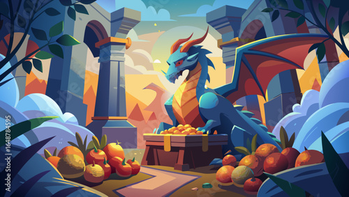 A vibrant blue dragon guards a treasure of gold and fruits in a mystical, ancient ruin setting, surrounded by lush foliage.
