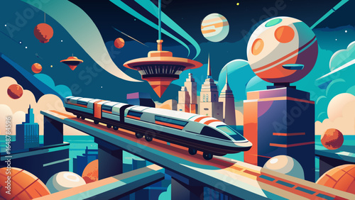 Futuristic train traveling through a vibrant cosmic cityscape with planets and skyscrapers.