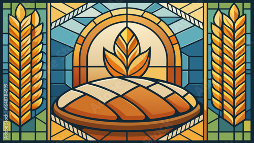 Colorful stained glass artwork showcasing a loaf of bread with wheat ears, symbolizing abundance and nourishment.