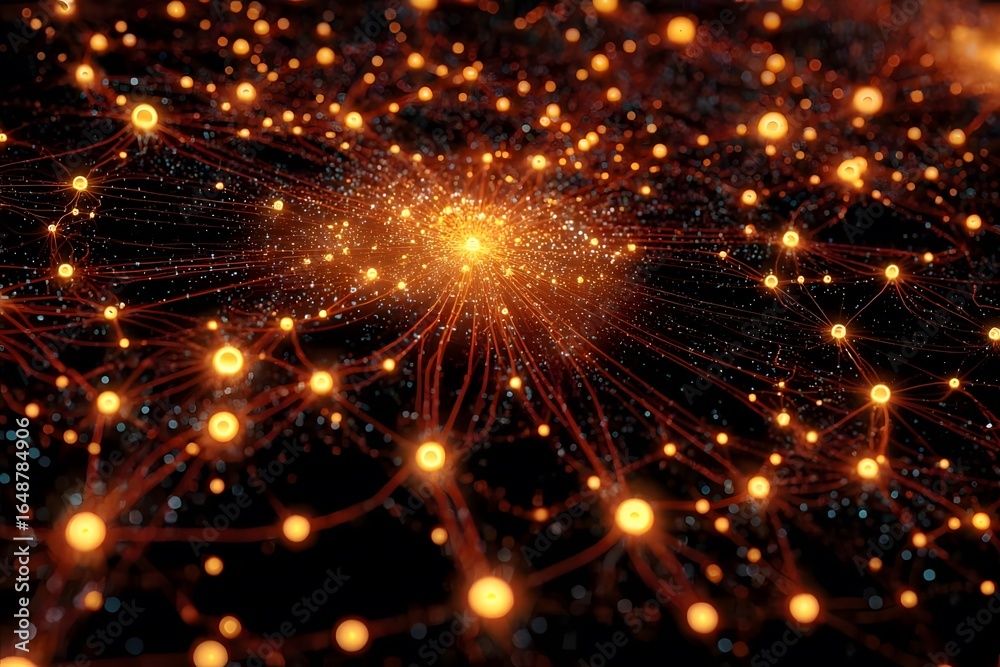 Obraz premium Neural network glowing bright orange in dark background.