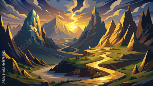 From a low angle view, a mystical pathway winds gracefully through enchanting mountain valleys, where golden light dances on rugged peaks and lush slopes whisper secrets of timeless beauty.