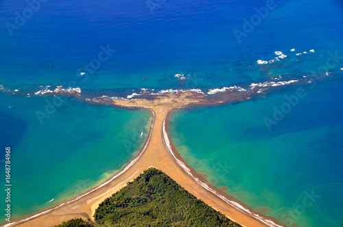 Costa Rica, Whale’s Tail like formation of coast at the Marino Ballena National Park, Costa Ballena, Uvita beach on left, Hermosa beach on right