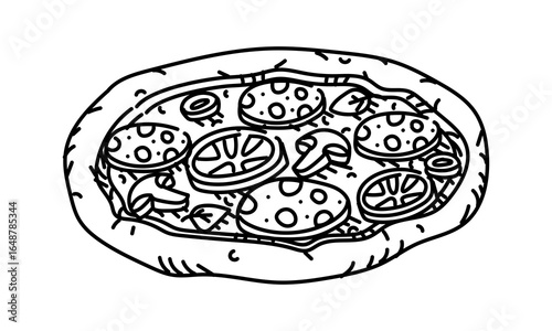 Round, fluffy, ready-made pizza doodle. Pizza with sausage, mushrooms, tomatoes, and spinach. Half-sides. Grunge, engraving, monochrome drawing with black lines on a white background.