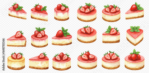 Collection of strawberry cheesecake slices and mini cakes, various angles and toppings.