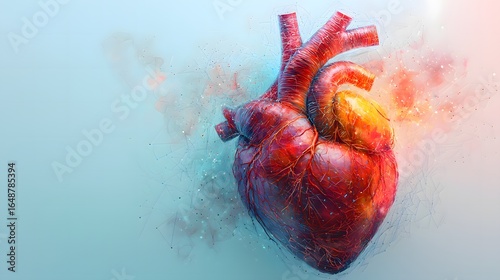 Abstract 3D illustration of red blood cells and bacteria flowing through a human artery