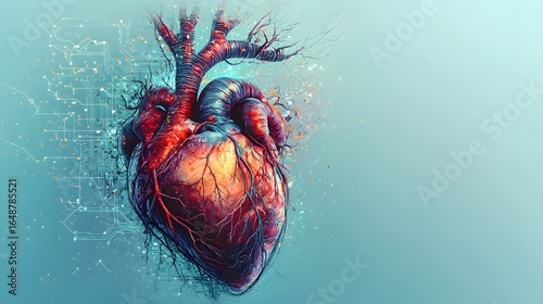 Abstract 3D illustration of red blood cells and bacteria flowing through a human artery