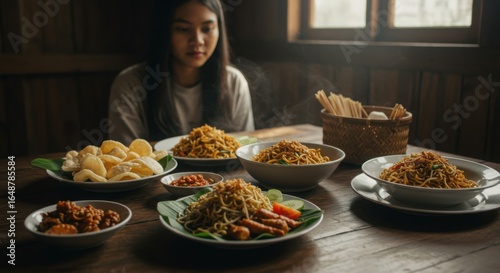 Asian Woman Eating Traditional Food at Table