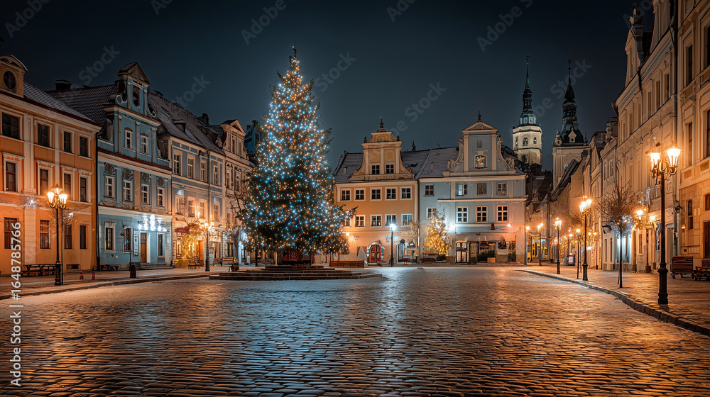 Obraz premium Christmas tree illuminated in empty square at night in winter 