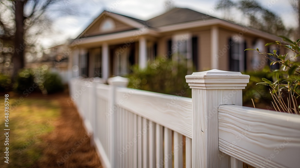 Charming suburban home with a white wooden fence in soft focus, creating a serene and inviting atmosphere. Charming suburban home with a white wooden fence in soft focus, creating a serene and inviting atmosphere.
