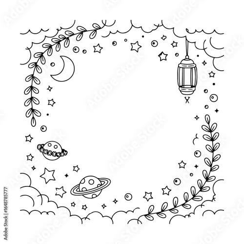 Kitchen Frame Vector with Utensils for Coloring Activities - Cute & Cozy Coloring Book for Relaxation and Creativity. Easy, line art vector illustration