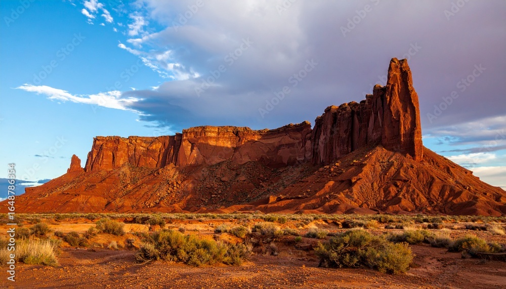 Fototapeta premium High desert landscapes showcase majestic rock formations, sculpted by wind over millennia, creating dramatic shapes, natural arches, and layered cliffs, illustrating geological history, arid beauty, r