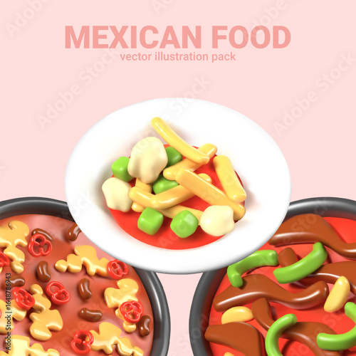 Creative advertising concept of Mexican dishes. Soup, open casseroles with vegetables