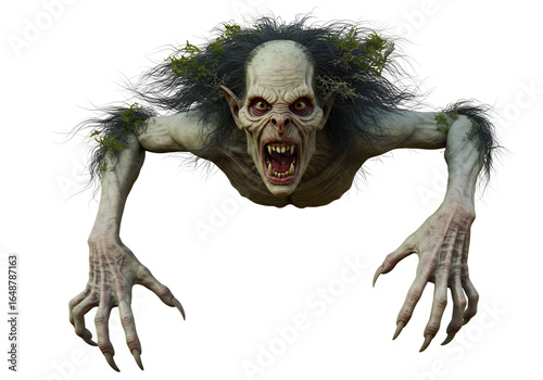 Spooky and terrifying creature with a ghastly face and outstretched claws on a black background