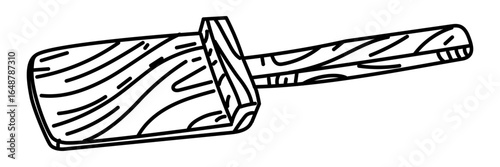 Doodle style wooden pizza shovel. wooden plank with a long handle for feeding raw pizza into and out of the oven, half sideways. Engraving, line, doodle of cooking utensils. Hand-drawn in retro style